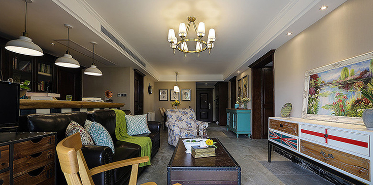 南楼公寓2室2厅1卫95㎡美式混搭_设计作品_搜